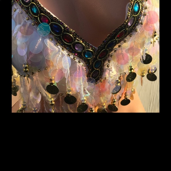 Reflective sequin iridescent hologram gypsy top festival white shirt rave dance - Picture 4 of 5